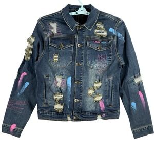 NWT Create 2MRW Men's Stretch Blue Jacket Size M Distressed Hand Painted $160.00